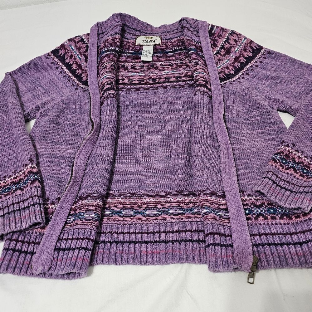 Tiara International Fair Isle Zip Cardigan Sweater Purple Boho Nordic Medium - Picture 4 of 7
